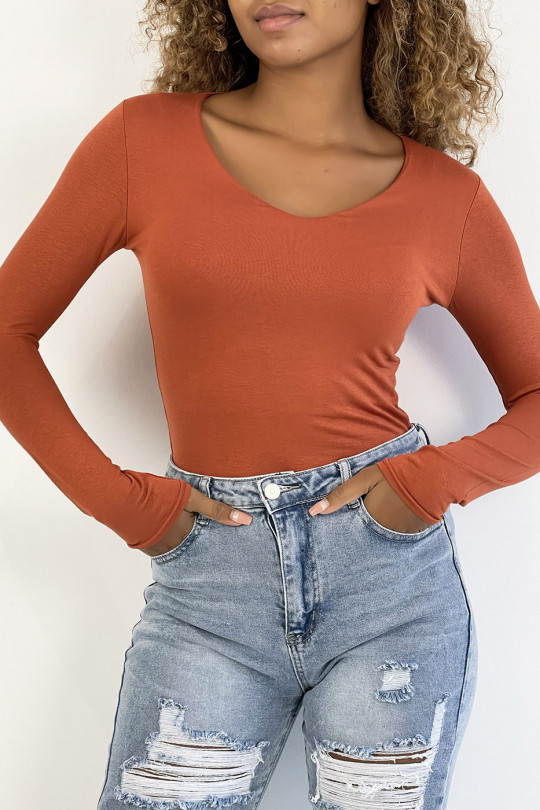 Cognac V-neck sweater and long sleeves lined at the front - 1