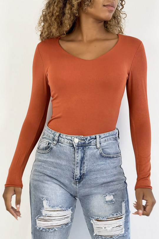 Cognac V-neck sweater and long sleeves lined at the front - 2