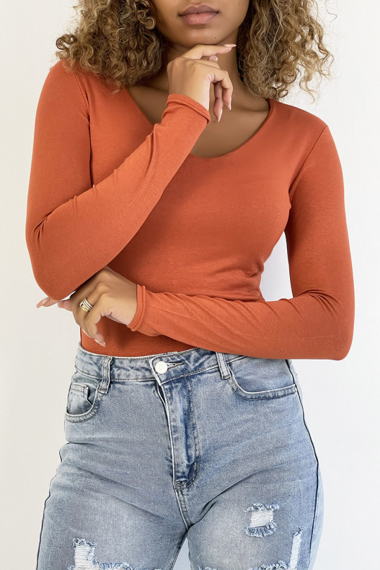 Cognac V-neck sweater and long sleeves lined at the front - 3
