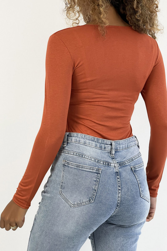 Cognac V-neck sweater and long sleeves lined at the front - 4