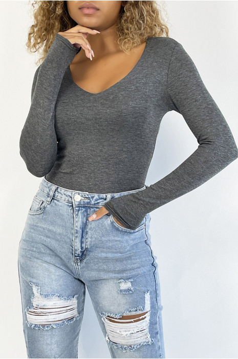 Charcoal V-neck sweater and long sleeves lined at the front - 1