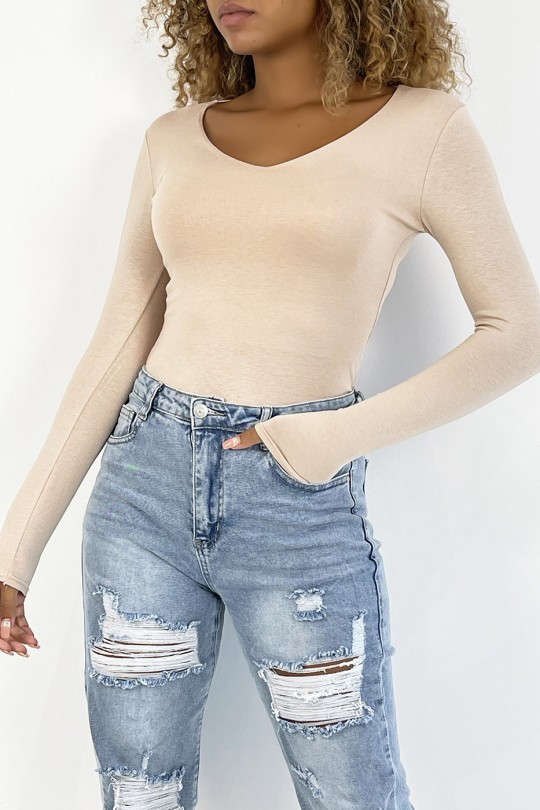 Beige V-neck sweater and long sleeves lined at the front - 1
