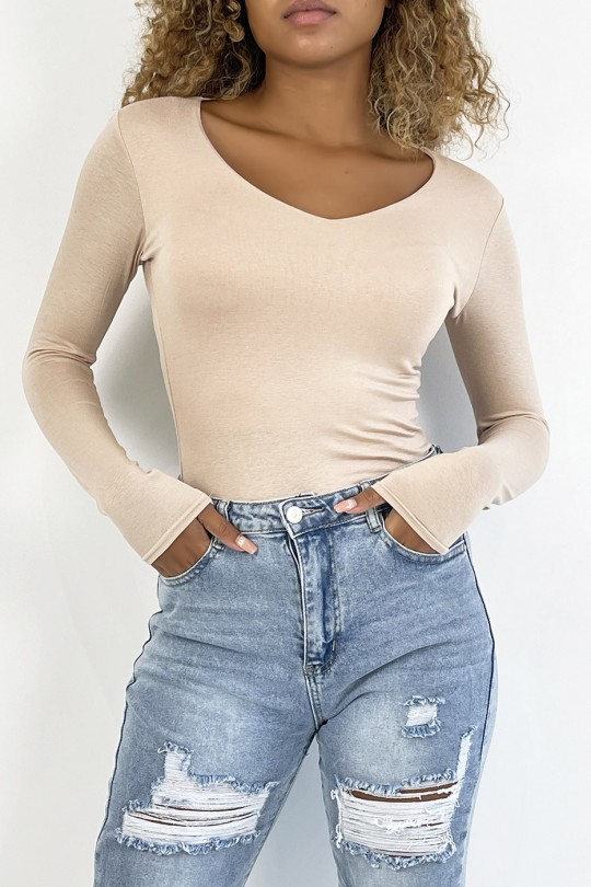 Beige V-neck sweater and long sleeves lined at the front - 2