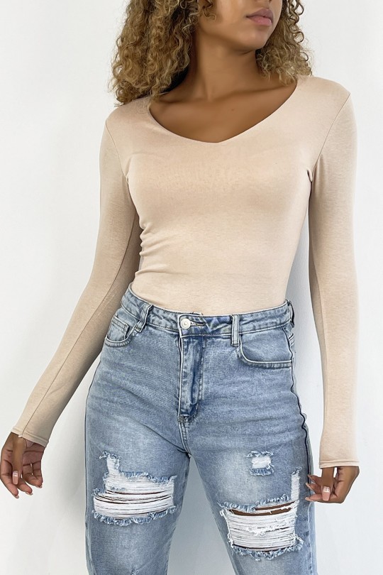 Beige V-neck sweater and long sleeves lined at the front - 3