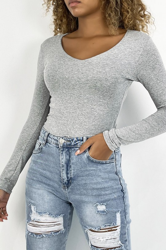 Gray V-neck sweater and long sleeves lined at the front - 1
