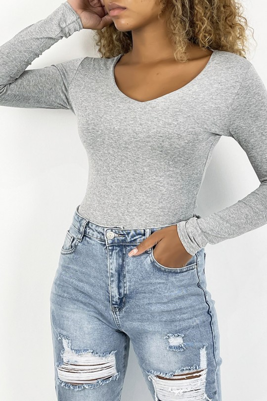 Gray V-neck sweater and long sleeves lined at the front - 3