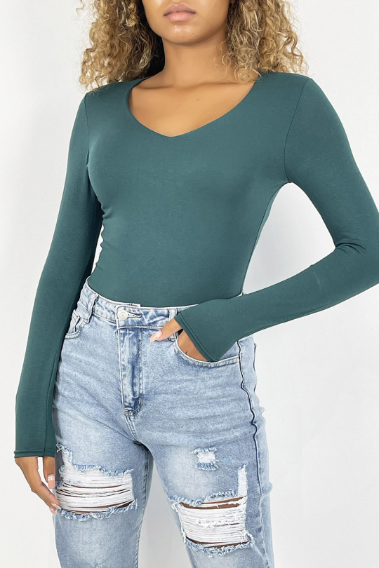 Under sweater in pine green V-neck and long sleeves, lined at the front - 1