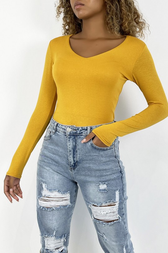 Mustard V-neck sweater and long sleeves lined at the front - 1