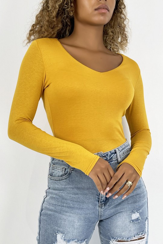 Mustard V-neck sweater and long sleeves lined at the front - 2