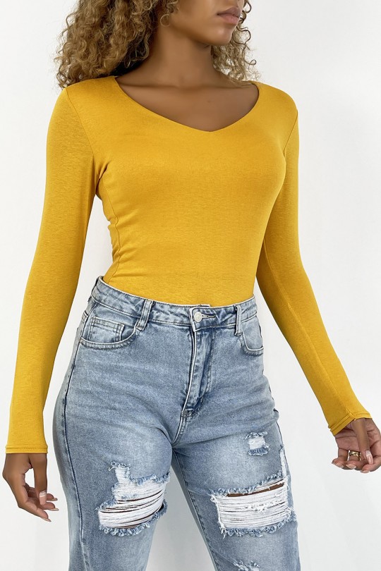 Mustard V-neck sweater and long sleeves lined at the front - 3