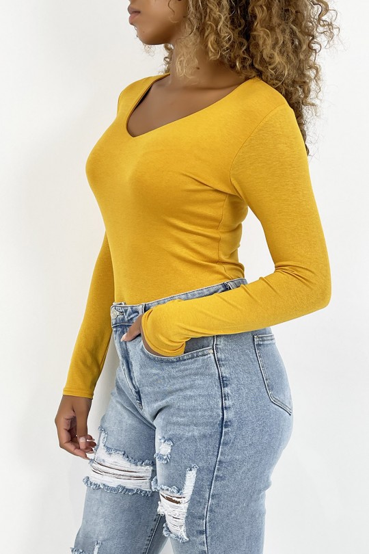 Mustard V-neck sweater and long sleeves lined at the front - 4