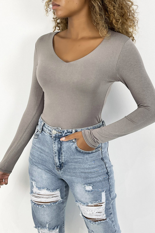 Taupe sweater with V-neck and long sleeves, lined at the front - 1