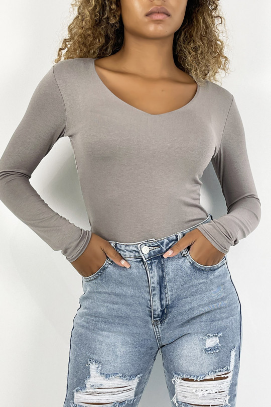 Taupe sweater with V-neck and long sleeves, lined at the front - 2