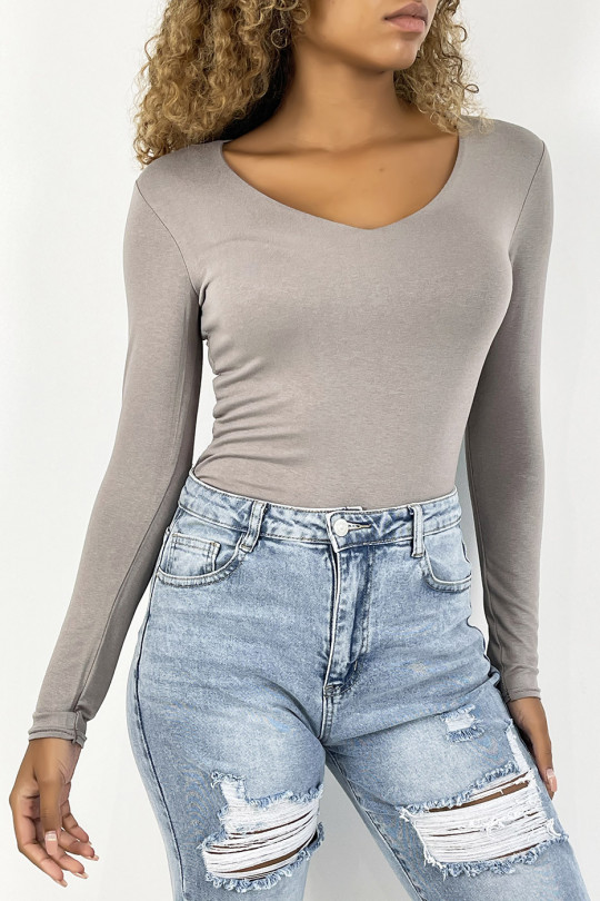 Taupe sweater with V-neck and long sleeves, lined at the front - 3