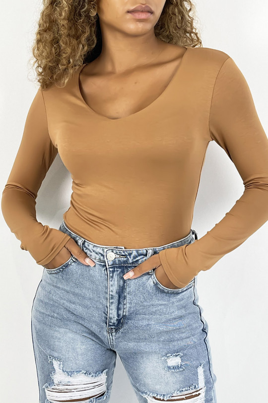 Camel V-neck sweater and long sleeves lined at the front - 1