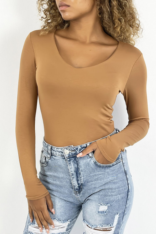 Camel V-neck sweater and long sleeves lined at the front - 2