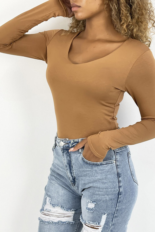 Camel V-neck sweater and long sleeves lined at the front - 3