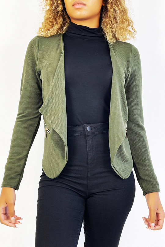 Khaki blazer with lapel collar and zip pockets. Cheap women's blazer - 3