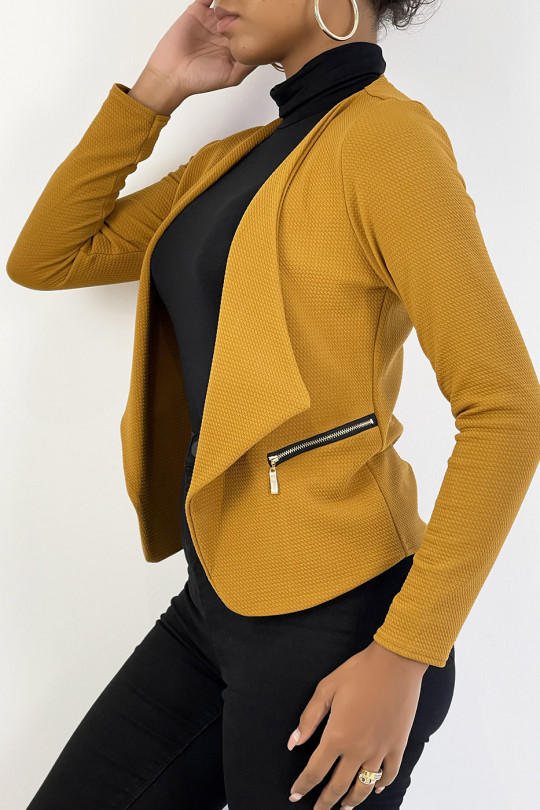 Mustard blazer with lapel collar and zip pockets. Cheap women's blazer - 3