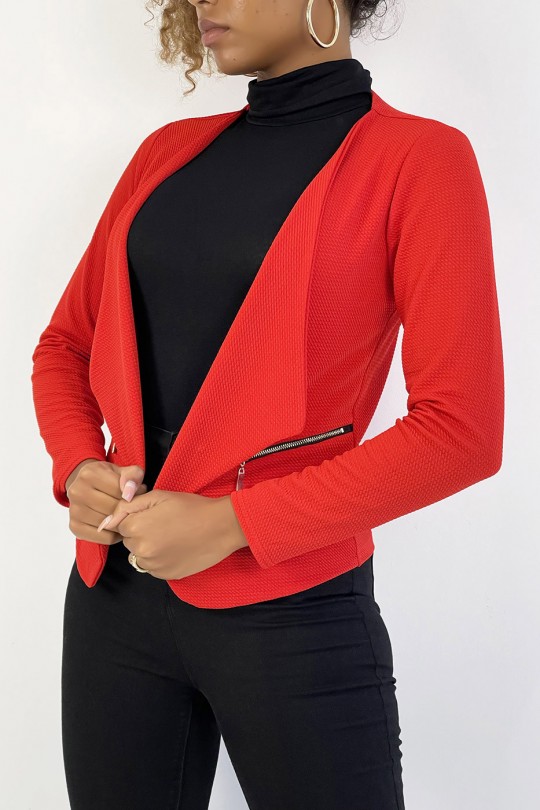 Red blazer with lapel collar and zip pockets. Cheap women's blazer - 1