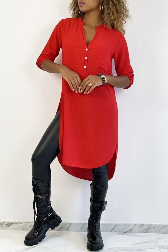 Long red tunic with rolled up sleeve with button slit and pocket - 2