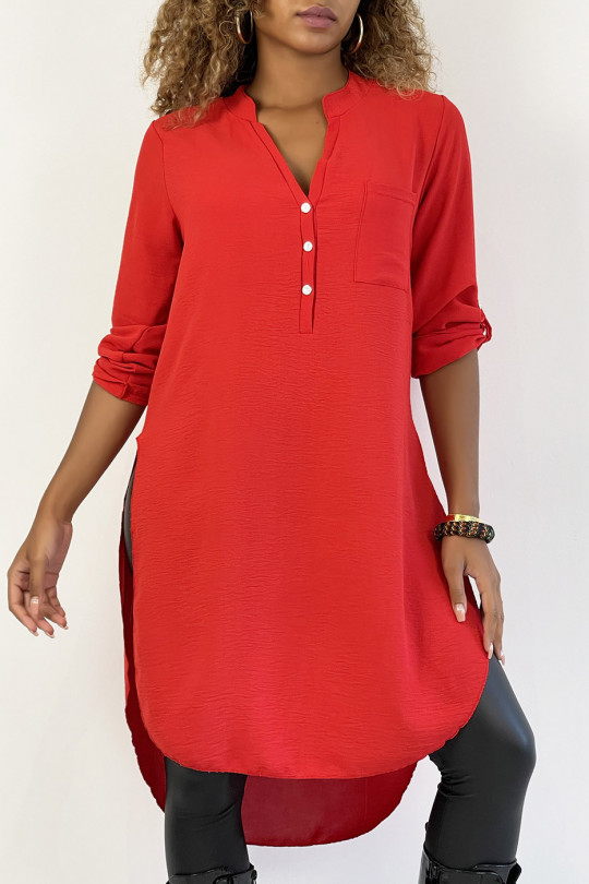 Long red tunic with rolled up sleeve with button slit and pocket - 3
