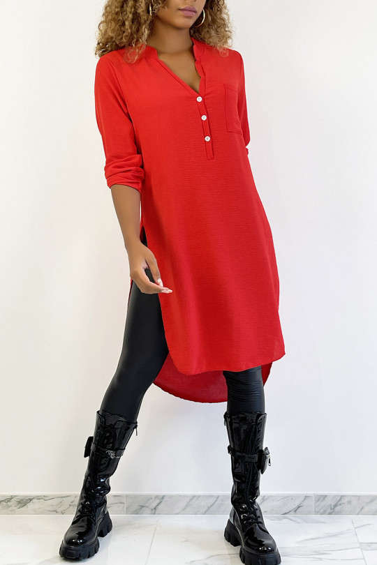 Long red tunic with rolled up sleeve with button slit and pocket - 4