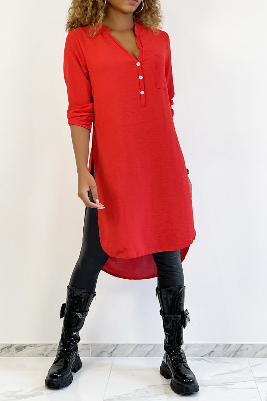 Long red tunic with rolled up sleeve with button slit and pocket - 5