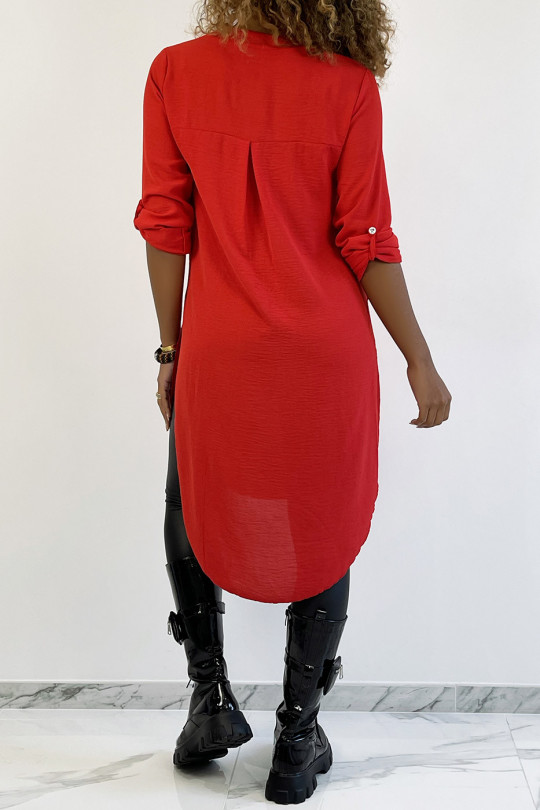 Long red tunic with rolled up sleeve with button slit and pocket - 6