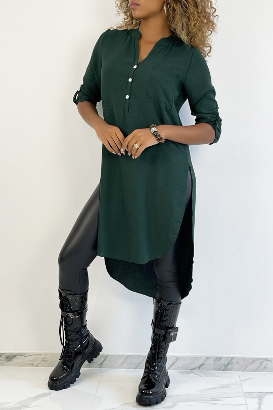 Long fir green tunic with rolled up sleeve with button slit and pocket - 1