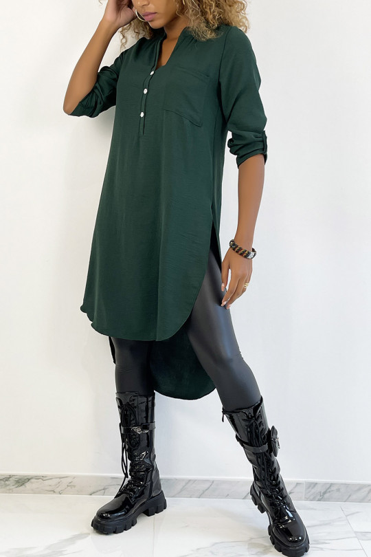 Long fir green tunic with rolled up sleeve with button slit and pocket - 2