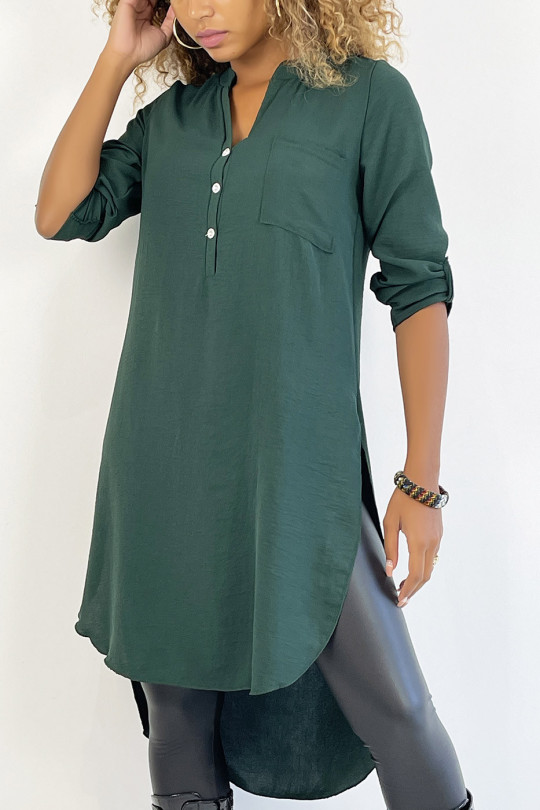 Long fir green tunic with rolled up sleeve with button slit and pocket - 3