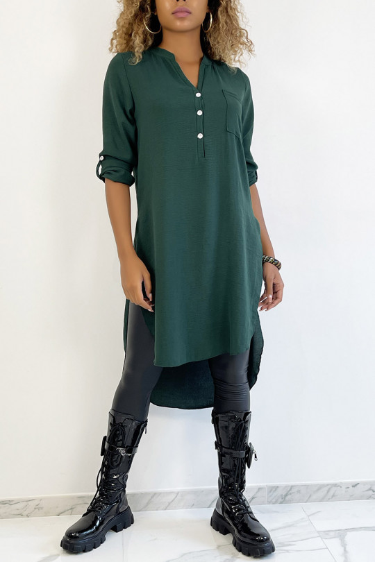 Long fir green tunic with rolled up sleeve with button slit and pocket - 4