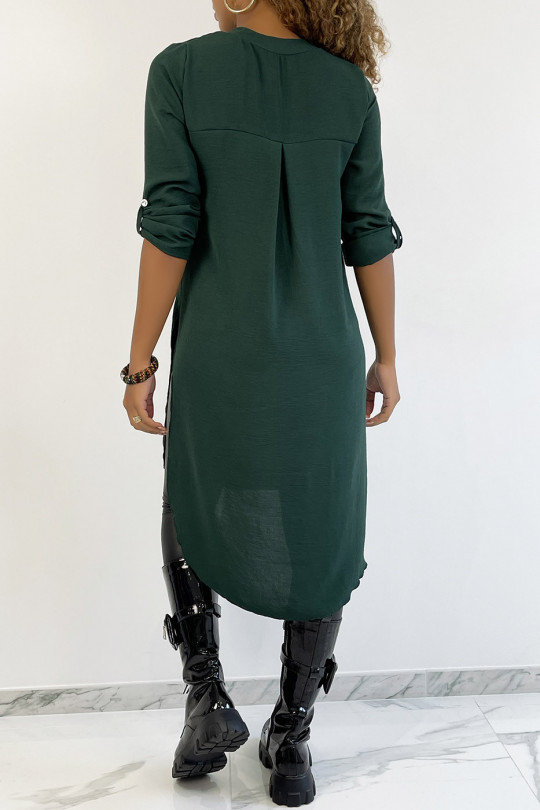 Long fir green tunic with rolled up sleeve with button slit and pocket - 5