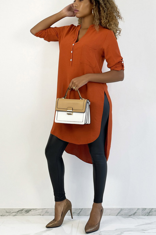 Long brick tunic with rolled-up sleeve with button slit and pocket - 1