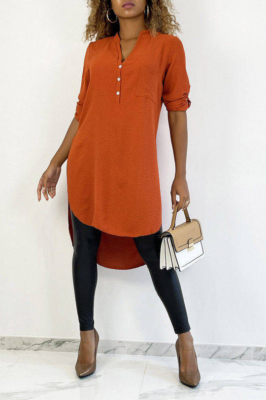 Long brick tunic with rolled-up sleeve with button slit and pocket - 2