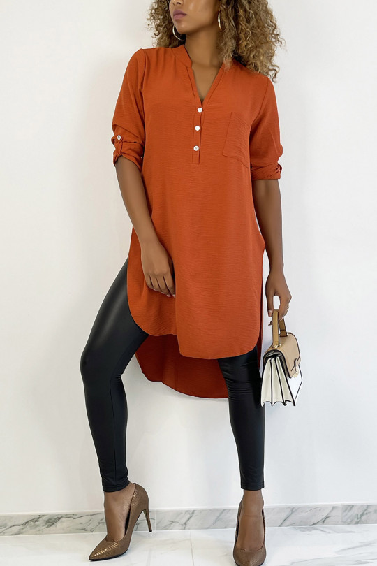 Long brick tunic with rolled-up sleeve with button slit and pocket - 3