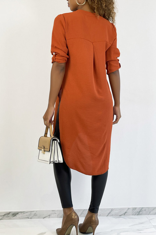 Long brick tunic with rolled-up sleeve with button slit and pocket - 4