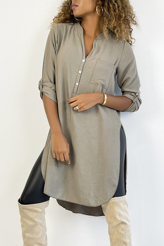 Long taupe tunic with rolled up sleeves with button slit and pocket - 1