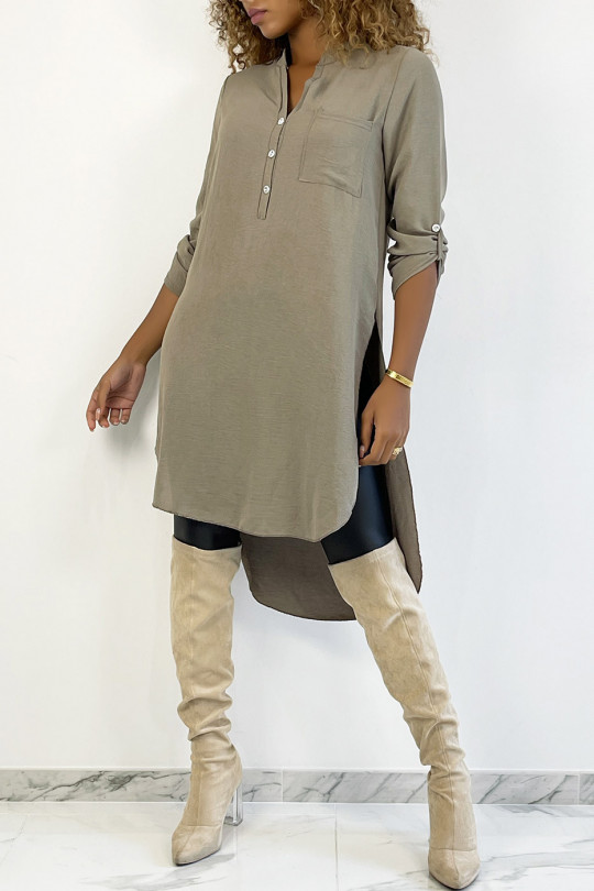 Long taupe tunic with rolled up sleeves with button slit and pocket - 2