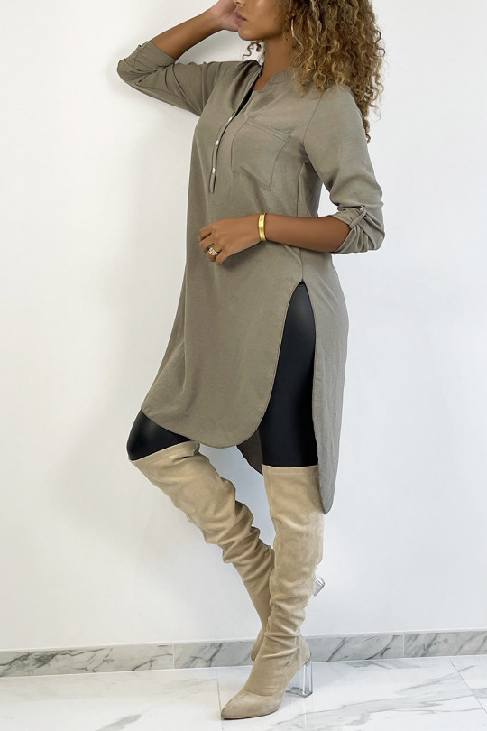 Long taupe tunic with rolled up sleeves with button slit and pocket - 3