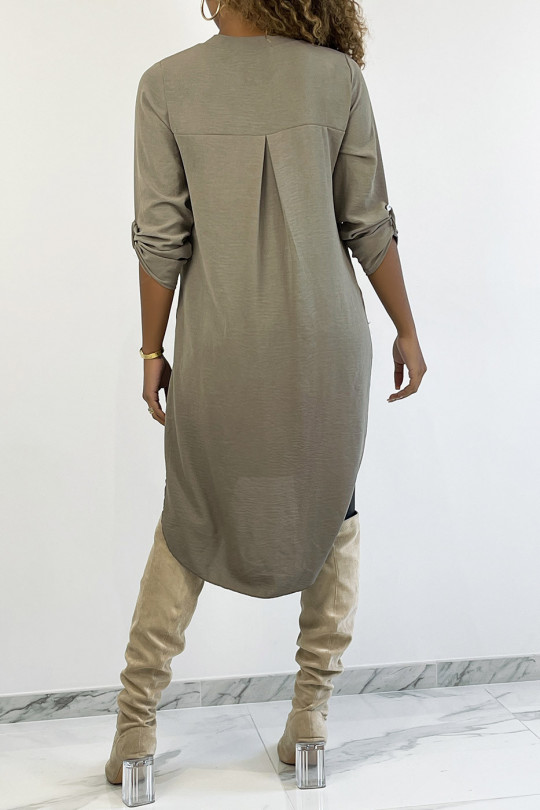 Long taupe tunic with rolled up sleeves with button slit and pocket - 4