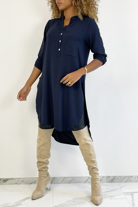 Long navy tunic with rolled up sleeves with button slits and pocket - 1