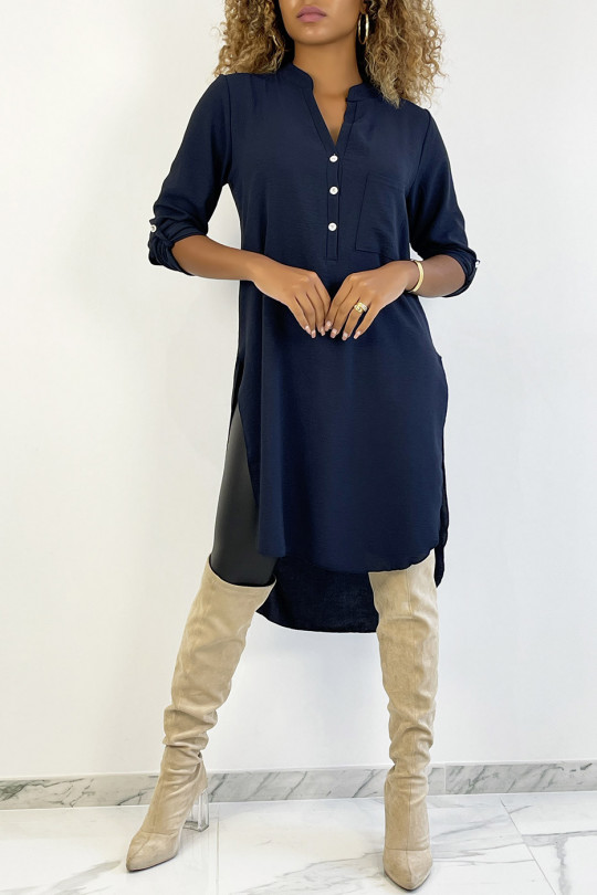 Long navy tunic with rolled up sleeves with button slits and pocket - 2