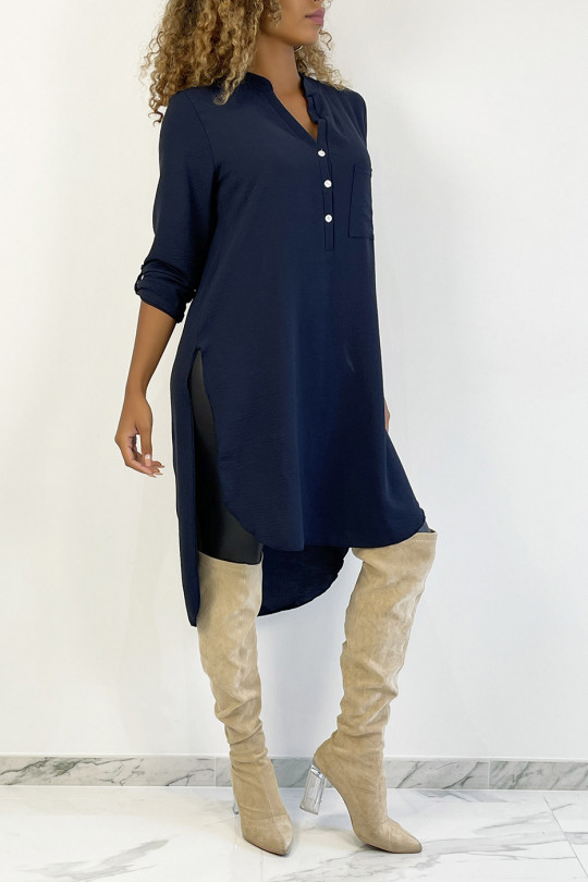 Long navy tunic with rolled up sleeves with button slits and pocket - 3
