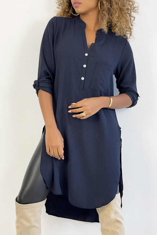Long navy tunic with rolled up sleeves with button slits and pocket - 4