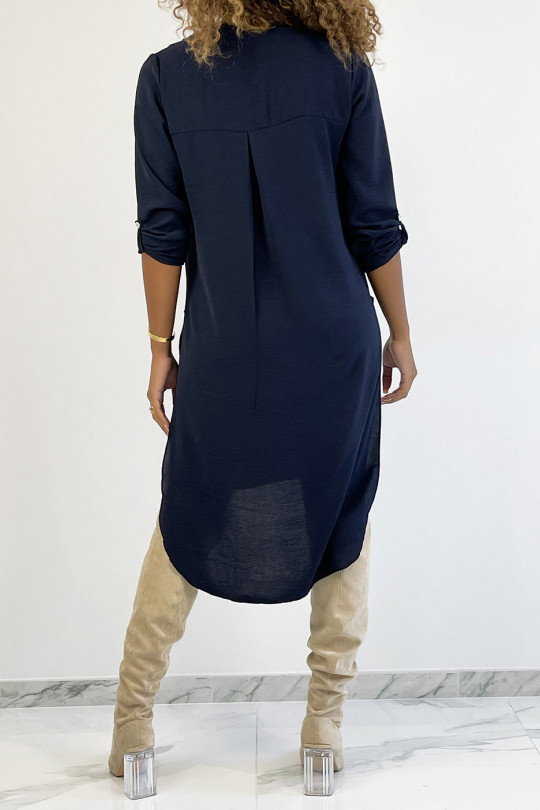 Long navy tunic with rolled up sleeves with button slits and pocket - 5