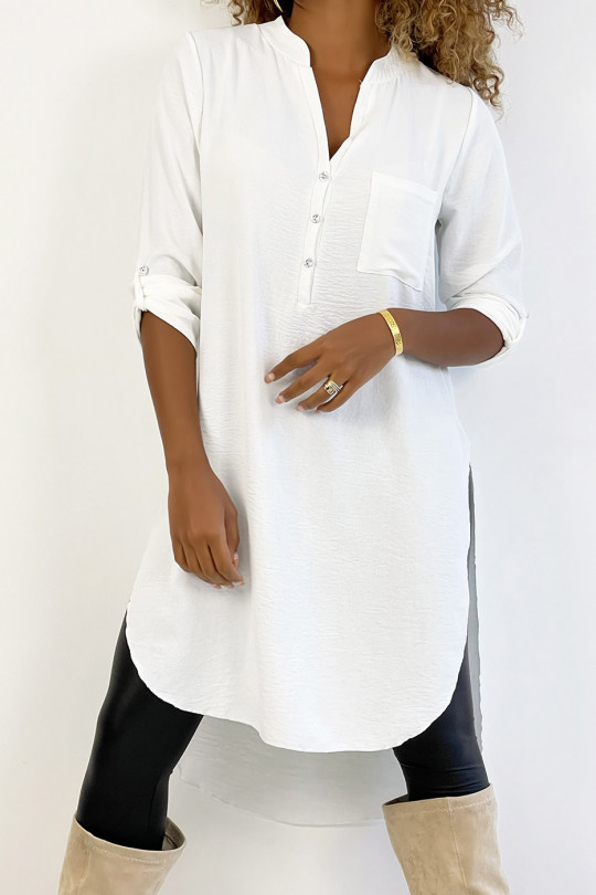 Long white tunic with rolled up sleeves with button slit and pocket - 2