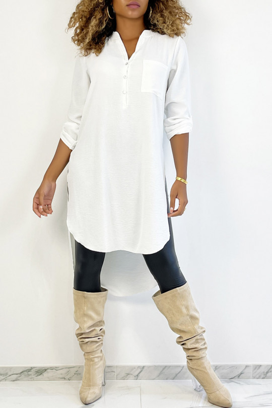Long white tunic with rolled up sleeves with button slit and pocket - 3
