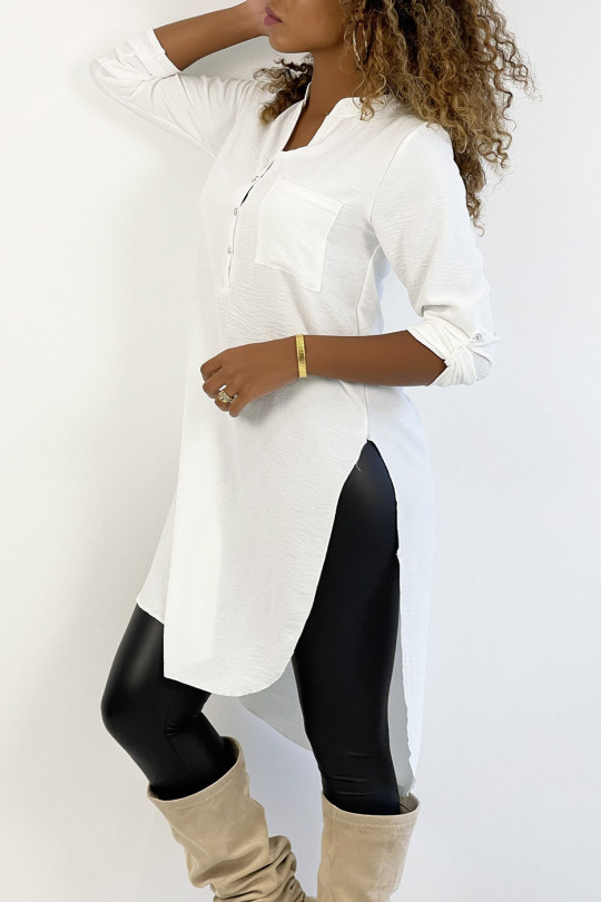 Long white tunic with rolled up sleeves with button slit and pocket - 4